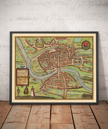 Mappa antica di Bristol, 1588 di Braun - Brightstowe, Avon, San Nicola, Newgate, Stemma 