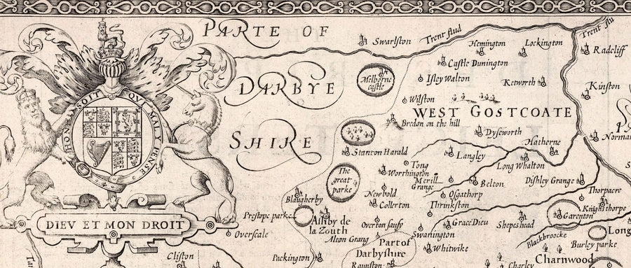Vecchia mappa monocromatica del Leicestershire, 1611 di John Speed - Leicester, Loughborough, Hinckley, Wigston, Melton Mowbray 