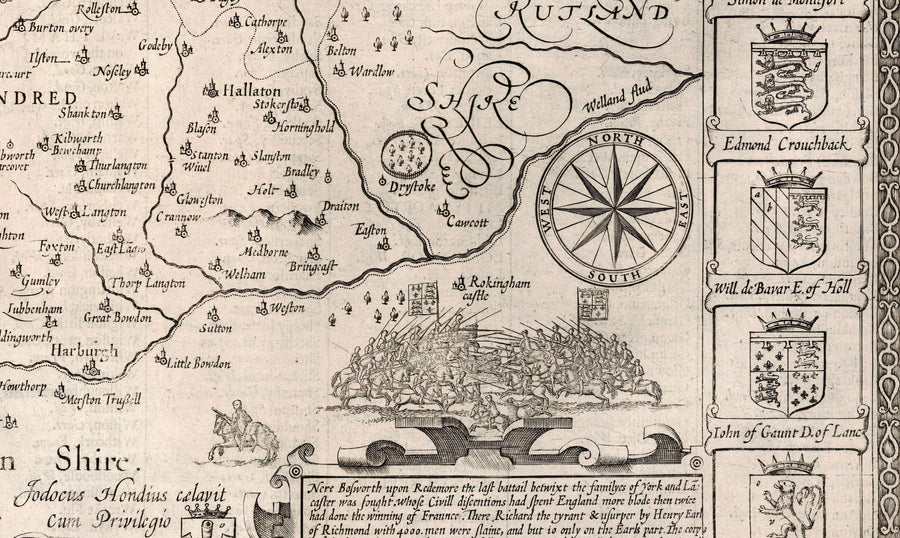 Vecchia mappa monocromatica del Leicestershire, 1611 di John Speed - Leicester, Loughborough, Hinckley, Wigston, Melton Mowbray 