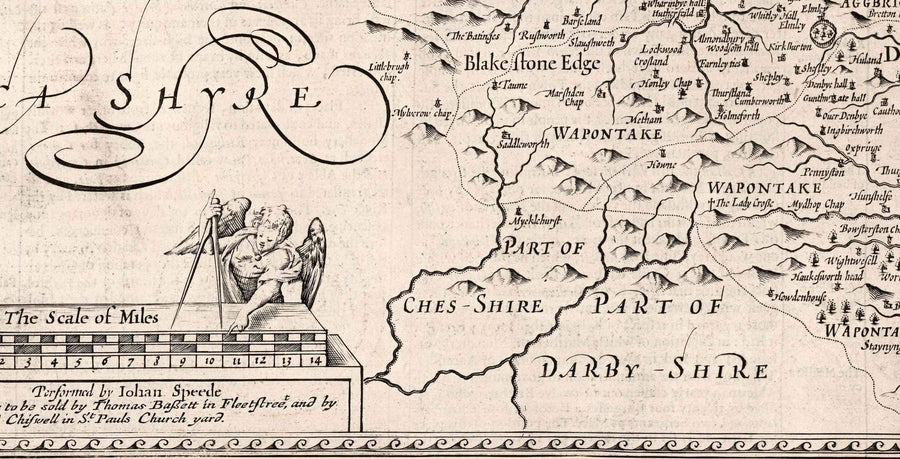 Alte monochrome Karte von West Yorkshire, 1611 von John Speed - York, Bradford, Sheffield, Leeds, Huddersfield, Harrogate, Skipton 