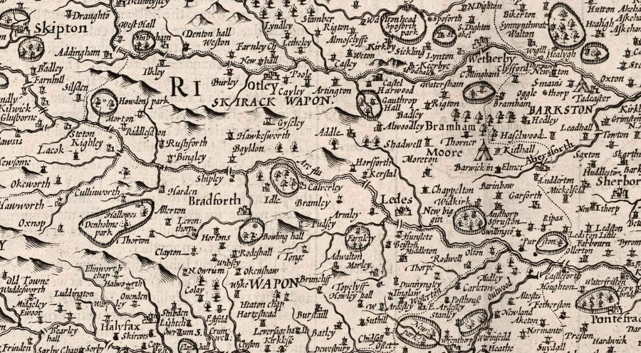 Alte monochrome Karte von West Yorkshire, 1611 von John Speed - York, Bradford, Sheffield, Leeds, Huddersfield, Harrogate, Skipton 