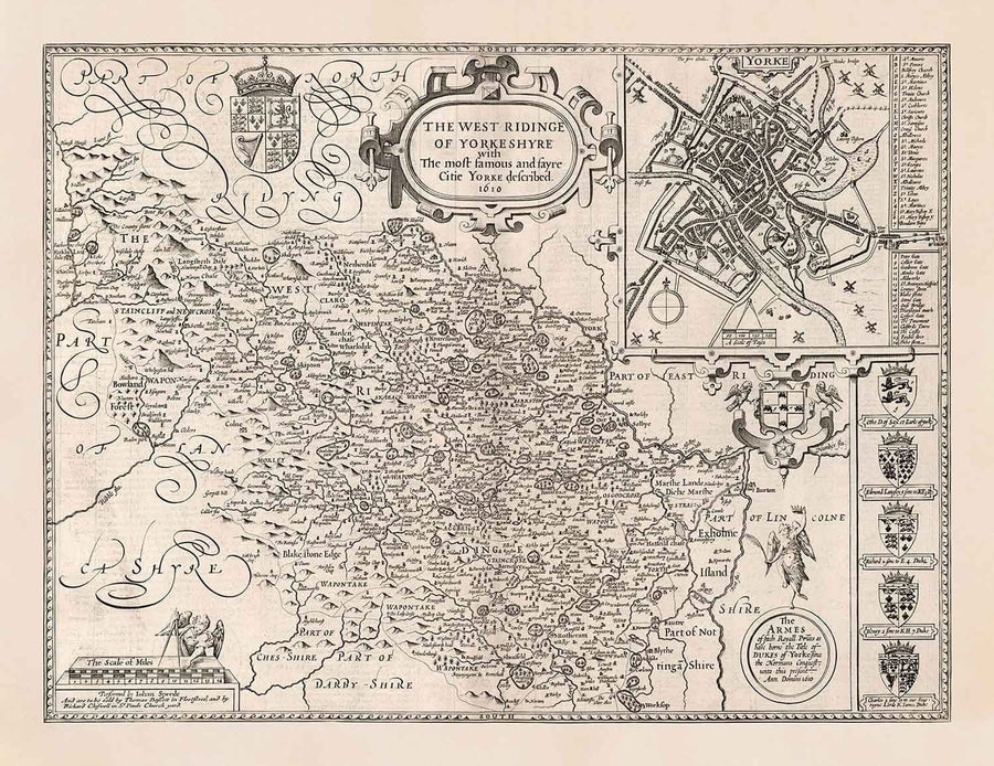 Alte monochrome Karte von West Yorkshire, 1611 von John Speed - York, Bradford, Sheffield, Leeds, Huddersfield, Harrogate, Skipton 