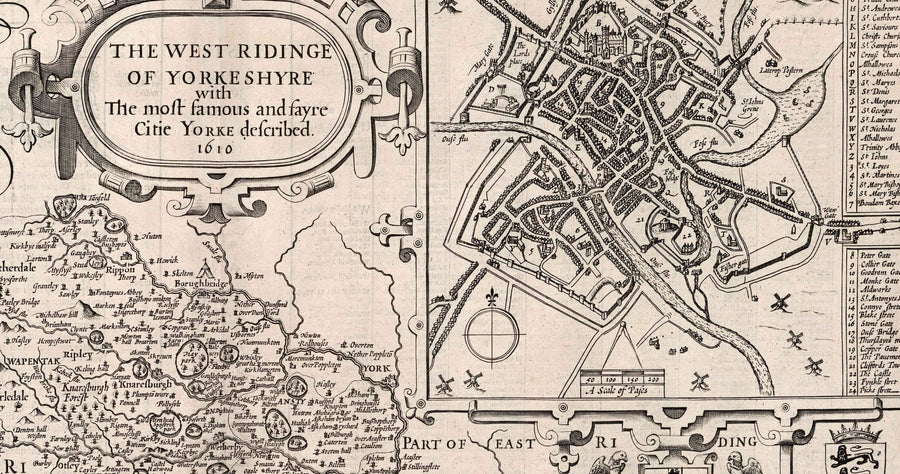 Alte monochrome Karte von West Yorkshire, 1611 von John Speed - York, Bradford, Sheffield, Leeds, Huddersfield, Harrogate, Skipton 