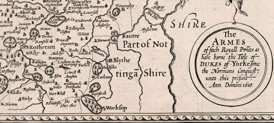 Alte monochrome Karte von West Yorkshire, 1611 von John Speed - York, Bradford, Sheffield, Leeds, Huddersfield, Harrogate, Skipton 