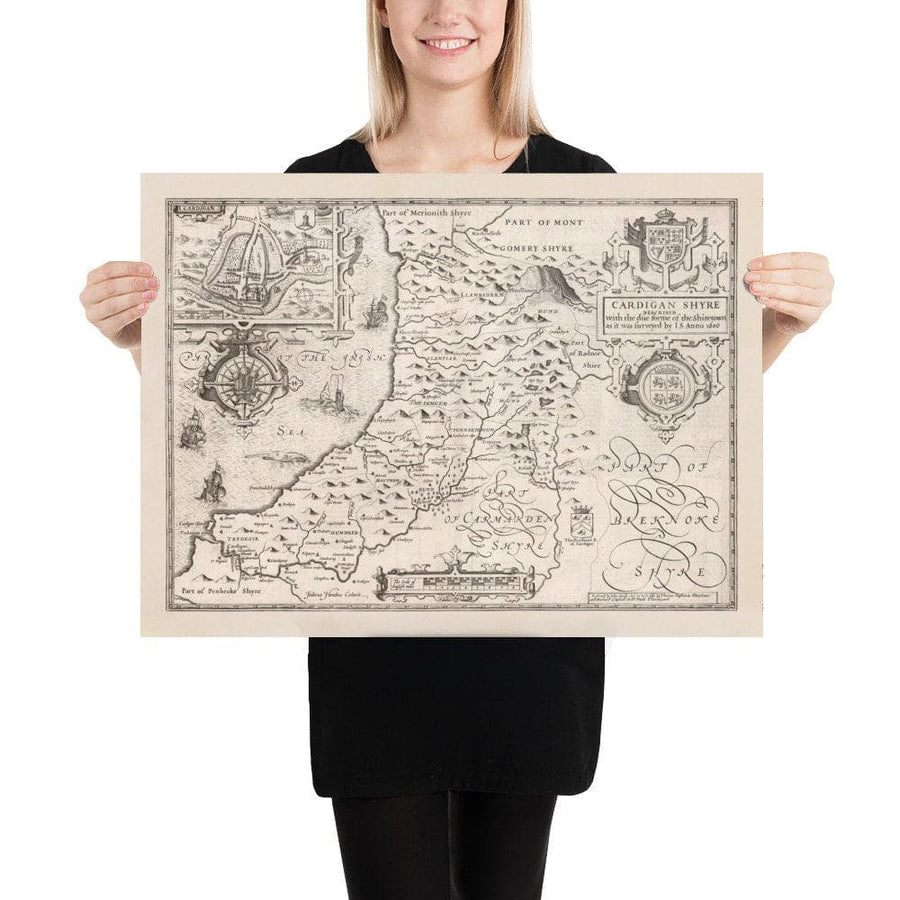 Mappa monocromatica antica di Ceredigion, Galles, 1611 di John Speed - Aberystwyth, Cardigan, Aberporth, Aberarth 
