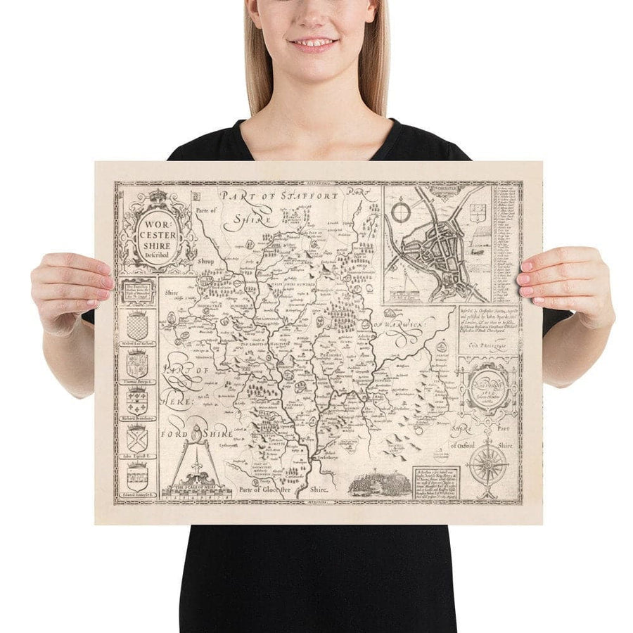 Alte monochrome Karte von Worcestershire, 1611 von John Speed - Worcester, Bromsgrove, Kidderminster, Malvern, Droitwich 