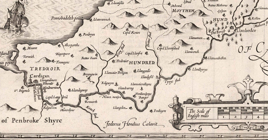 Mappa monocromatica antica di Ceredigion, Galles, 1611 di John Speed - Aberystwyth, Cardigan, Aberporth, Aberarth 