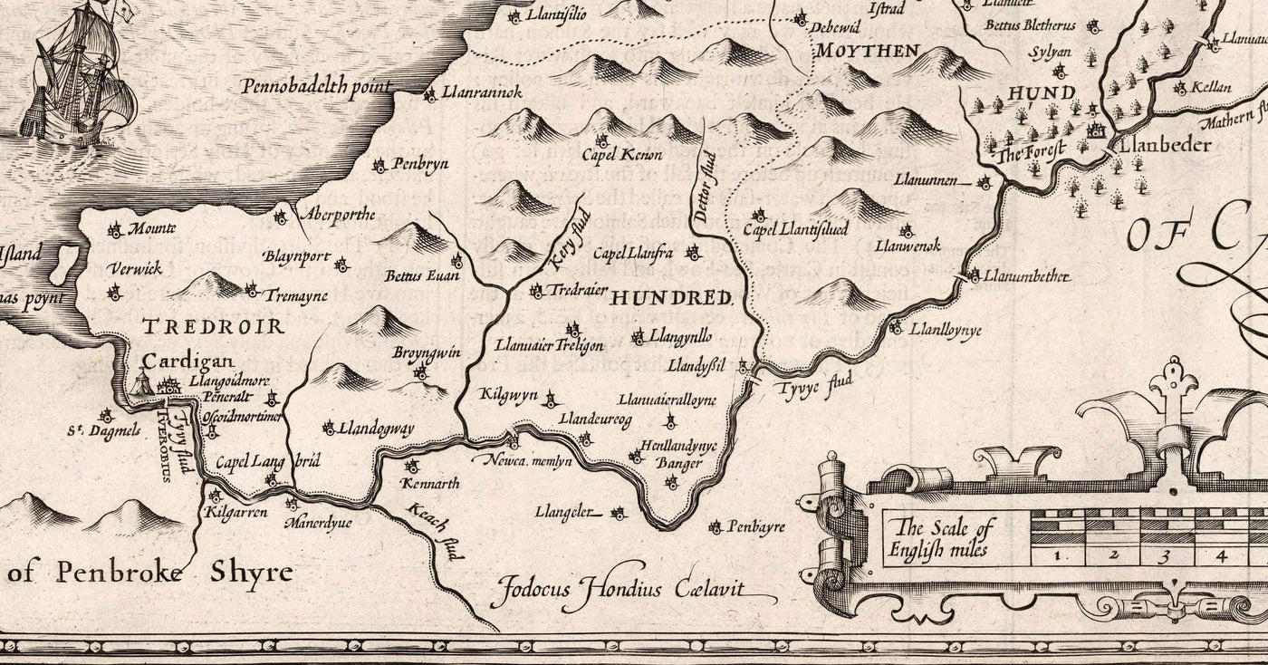 Alte monochrome Karte von Ceredigion, Wales, 1611 von John Speed ​​- Aberystwyth, Cardigan, Aberporth, Aberarth