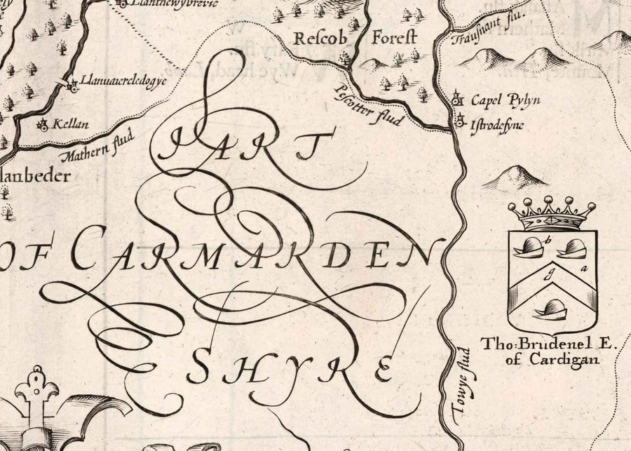 Mappa monocromatica antica di Ceredigion, Galles, 1611 di John Speed - Aberystwyth, Cardigan, Aberporth, Aberarth 