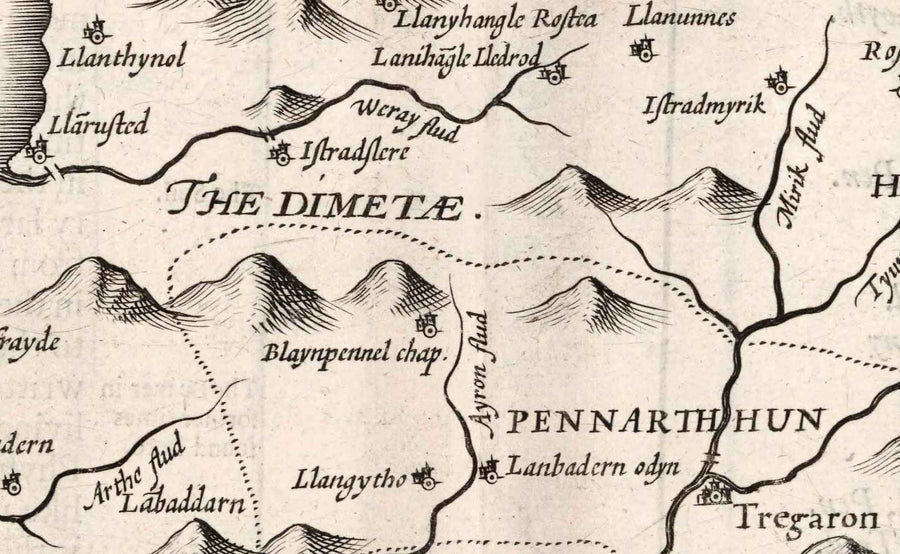 Mappa monocromatica antica di Ceredigion, Galles, 1611 di John Speed - Aberystwyth, Cardigan, Aberporth, Aberarth 