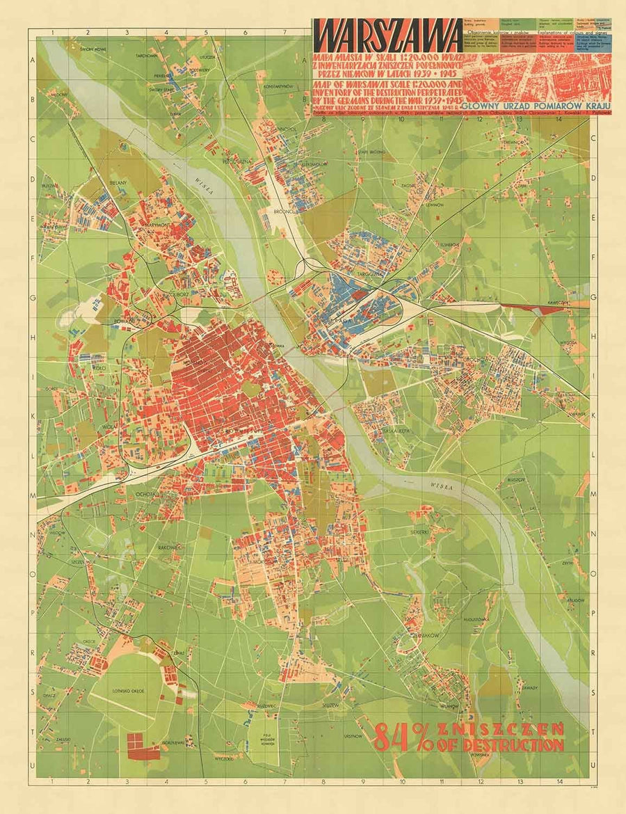 Old Map of the Nazi Destruction of Varsovie, 1949 - Cente censuré Soviétique WW2 - Old Town, Ghetto, Muranow, Praga