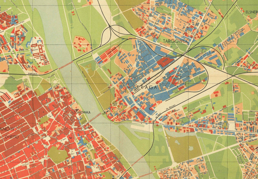 Old Map of the Nazi Destruction of Varsovie, 1949 - Cente censuré Soviétique WW2 - Old Town, Ghetto, Muranow, Praga