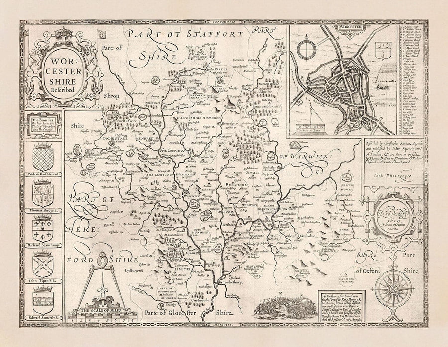 Alte monochrome Karte von Worcestershire, 1611 von John Speed - Worcester, Bromsgrove, Kidderminster, Malvern, Droitwich 