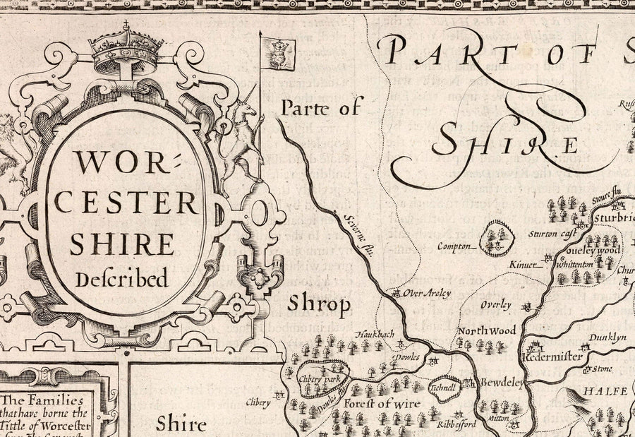 Alte monochrome Karte von Worcestershire, 1611 von John Speed - Worcester, Bromsgrove, Kidderminster, Malvern, Droitwich 