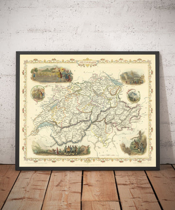 Old Handcoloured Map of Switzerland, 1851 - Bern, Zurich, Cantons, Geneva, Lakes, Zermatt, William Tell