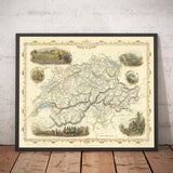 Ancienne carte de la Suisse, 1851, coloriée à la main - Berne, Zurich, Cantons, Genève, Lacs, Zermatt, Guillaume Tell