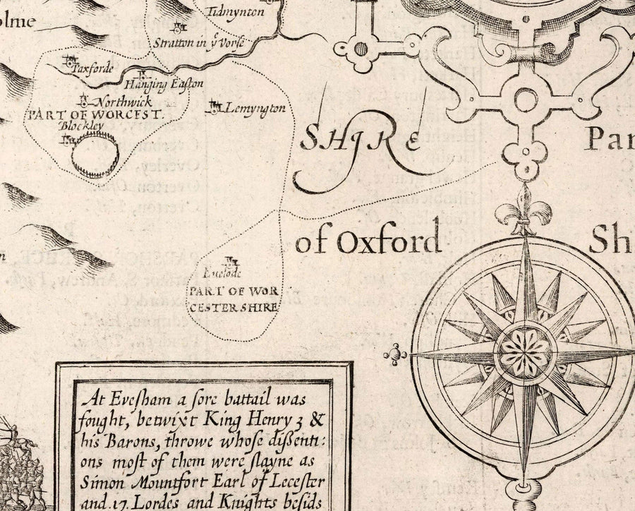 Alte monochrome Karte von Worcestershire, 1611 von John Speed - Worcester, Bromsgrove, Kidderminster, Malvern, Droitwich 