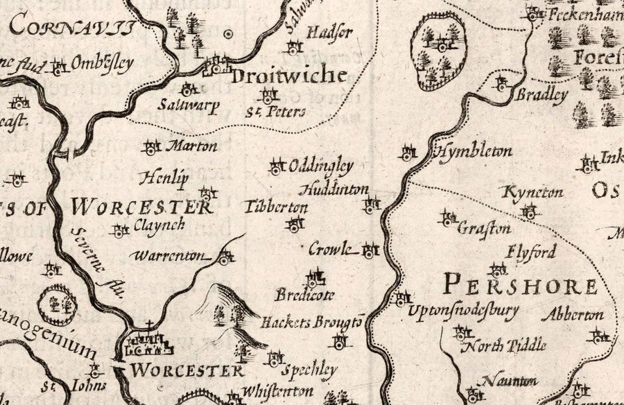 Alte monochrome Karte von Worcestershire, 1611 von John Speed - Worcester, Bromsgrove, Kidderminster, Malvern, Droitwich 