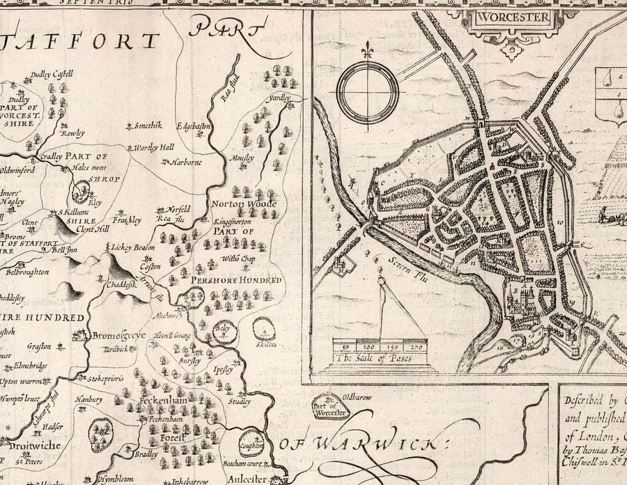 Alte monochrome Karte von Worcestershire, 1611 von John Speed - Worcester, Bromsgrove, Kidderminster, Malvern, Droitwich 