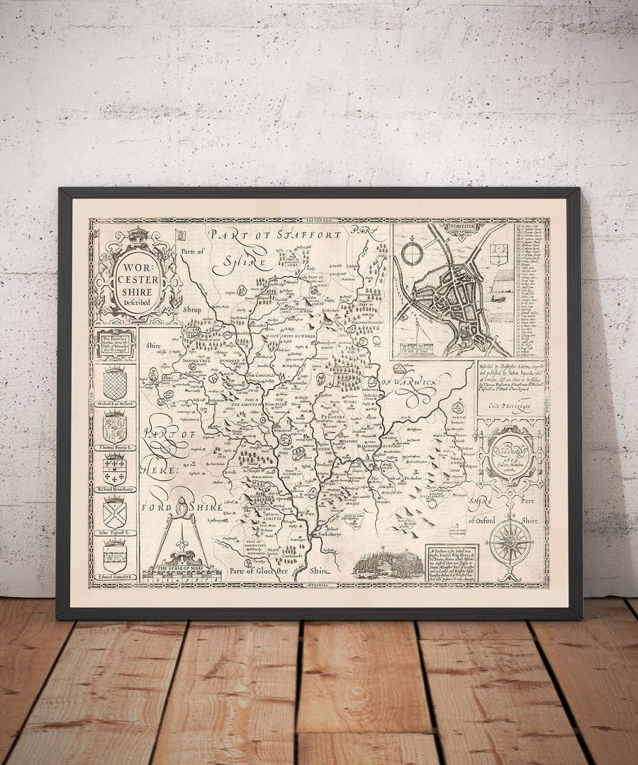 Alte monochrome Karte von Worcestershire, 1611 von John Speed - Worcester, Bromsgrove, Kidderminster, Malvern, Droitwich 