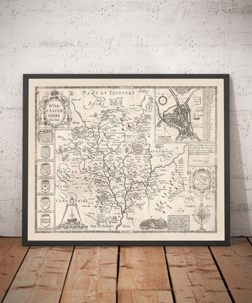 Antiguo mapa monocromo de Worcestershire, 1611 por John Speed - Worcester, Bromsgrove, Kidderminster, Malvern, Droitwich