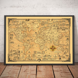 Old Seven Wonders of the World Atlas Map, 1939 - Ancient and Modern - Pyramids, Empire State, Stonehenge