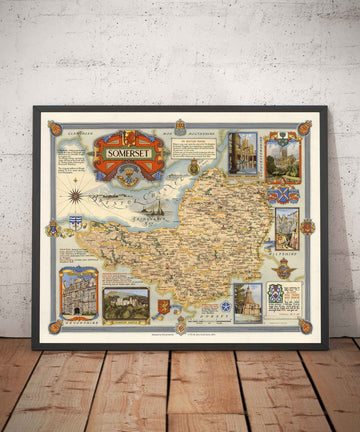Old Map of Somerset by Ernest Clegg, 1946 - Bath, Wells, Landmarks, World War 2, West Country, Winston Churchill