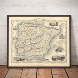 Old Map of Spain & Portugal, 1851 - Illustrations victoriennes - Catalogne, Madrid, Lisbonne, Gibraltar, Andalousie