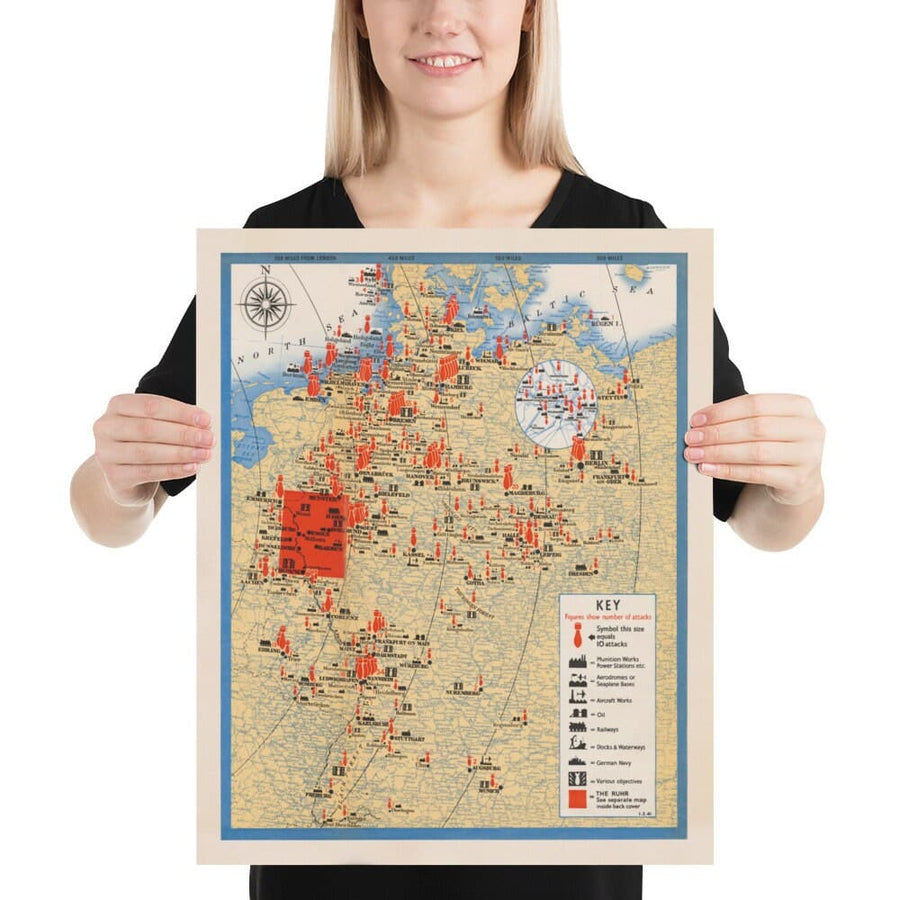 Die Luftoffensive gegen Deutschland, 1941 - Alte WW2 Bombenkarte - Britische RAF & Luftministerium Propaganda 