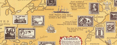 Alte Briefmarkenkarte der Welt, 1947 von E. Chase - Historische Post -Atlas, Wahrzeichen, Penny Black