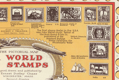 Alte Briefmarkenkarte der Welt, 1947 von E. Chase - Historische Post -Atlas, Wahrzeichen, Penny Black
