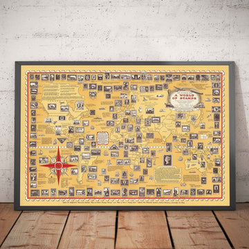 Mappa del Mondo con Vecchi Francobolli, 1947 di E. Chase - Atlante Storico degli Uffici Postali, Luoghi di Interesse, Penny Black 