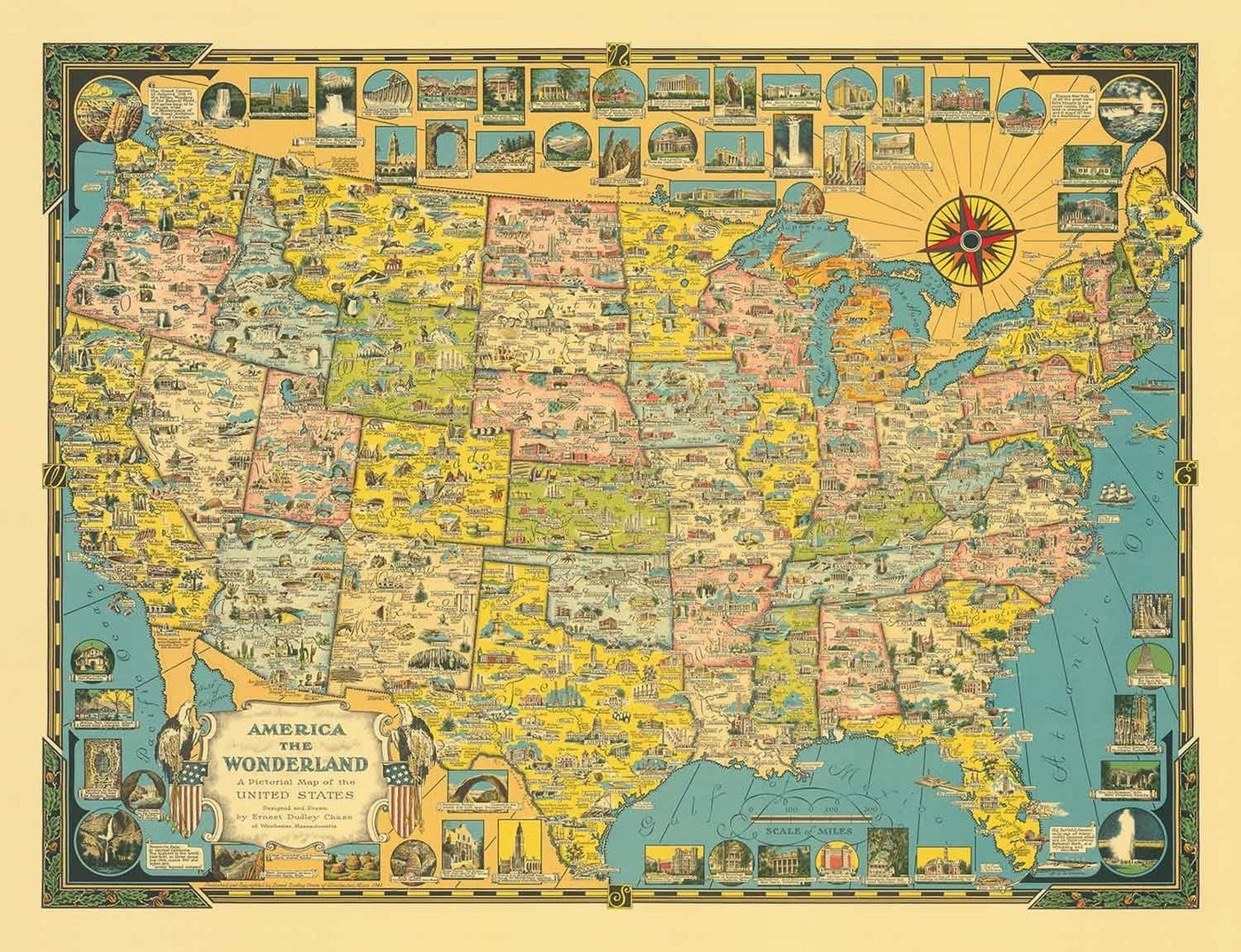 Old Pictorial Map of USA, 1941 von E. Chase - "America the Wonderland" - Illustrierte Wahrzeichen, natürliche Wunder