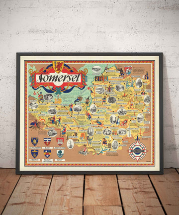 Antiguo mapa pictórico de Somerset, 1950 - Ferrocarril británico, Weston-super-Mare, Somerton, Dulverton, Bath, West Country