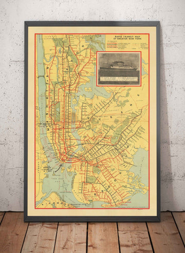 Antiguo mapa del metro de Nueva York en 1927 - Queens, Brooklyn, Railway, Manhattan, INT, BMT, Interboro Elevated Rail