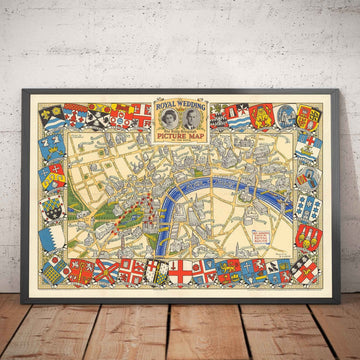 Mappa Antica del Matrimonio Reale a Londra, 1947 - Emblemi dei Borough, Regina Elisabetta II e Principe Filippo, Abbazia di Westminster 