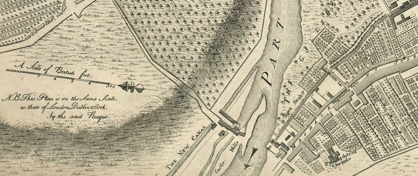Old Map of Kilkenny by John Rocque in 1758 - River Nore, High Street, Gallow's Hill, Saint Patrick's Street