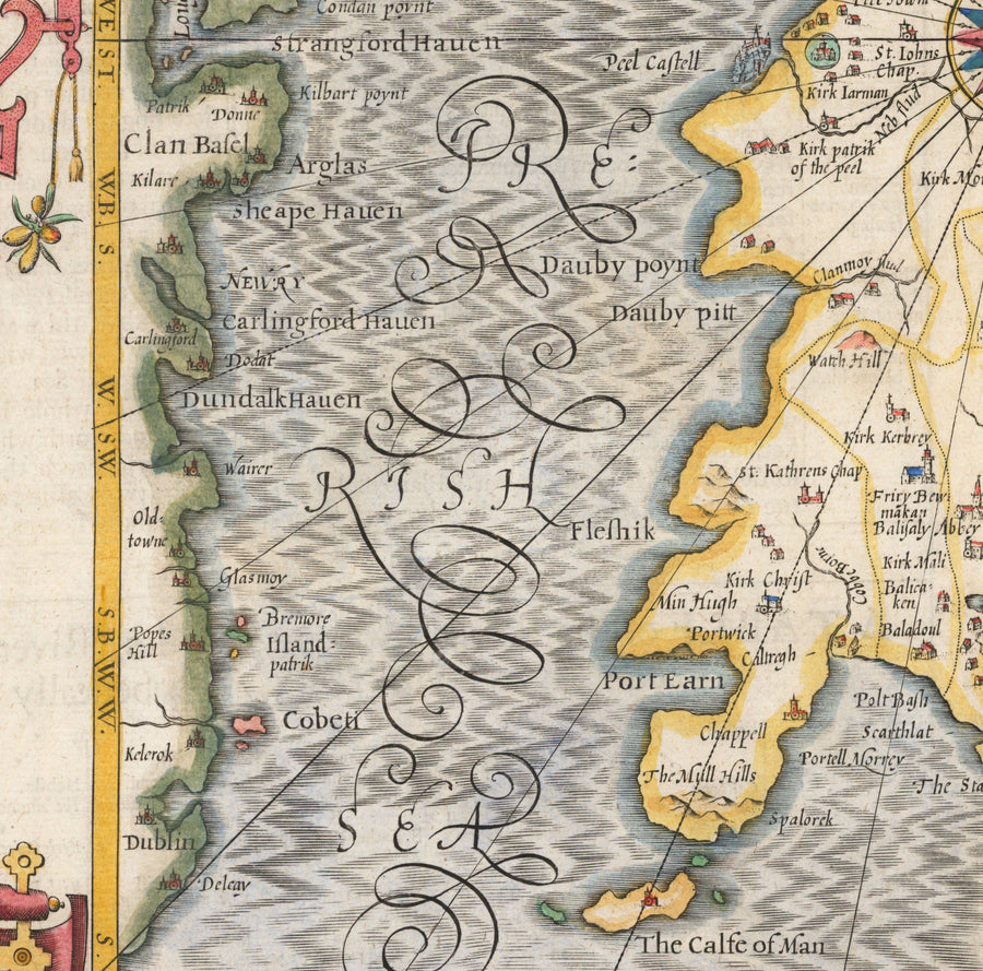 Old Map of Isle of Man, 1611 by John Speed - Douglas, Castletown, Peel, Ramsey