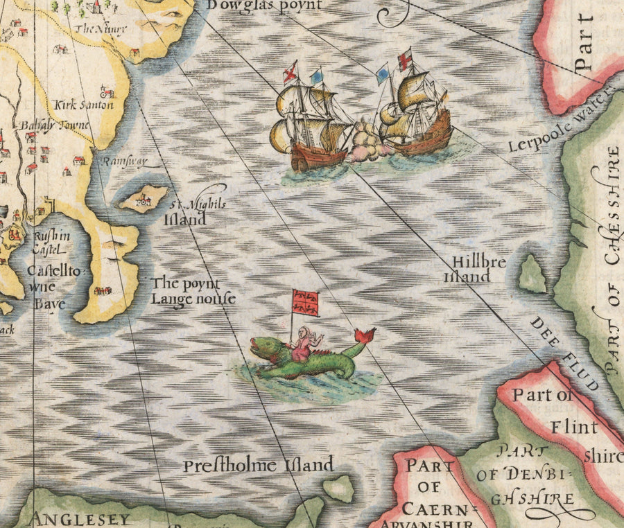 Old Map of Isle of Man, 1611 by John Speed - Douglas, Castletown, Peel, Ramsey