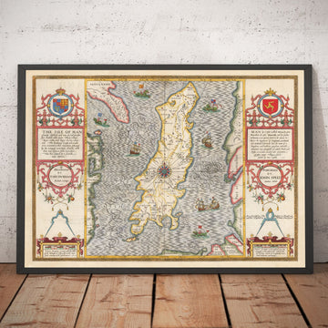 Viejo Mapa de Isle of Man, 1611 de John Speed ​​- Douglas, Castletown, Peel, Ramsey
