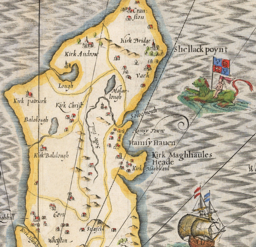 Old Map of Isle of Man, 1611 by John Speed - Douglas, Castletown, Peel, Ramsey
