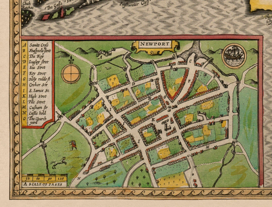 Alte Karte der Isle of Wight, 1611 von John Speed - Newport, Ride, Cowes, Sandown, Shanklin 