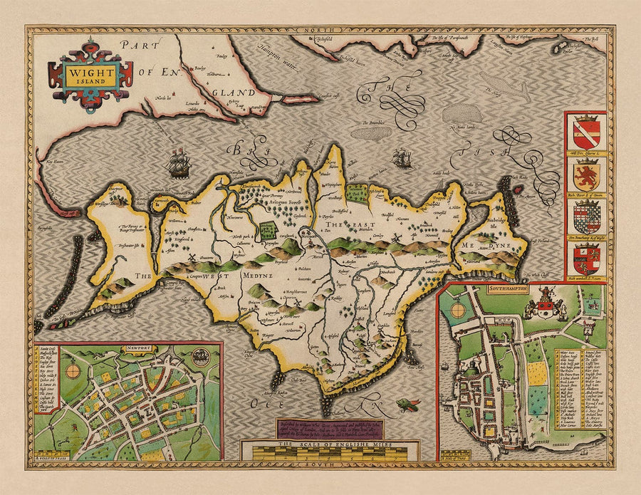 Alte Karte der Isle of Wight, 1611 von John Speed - Newport, Ride, Cowes, Sandown, Shanklin 