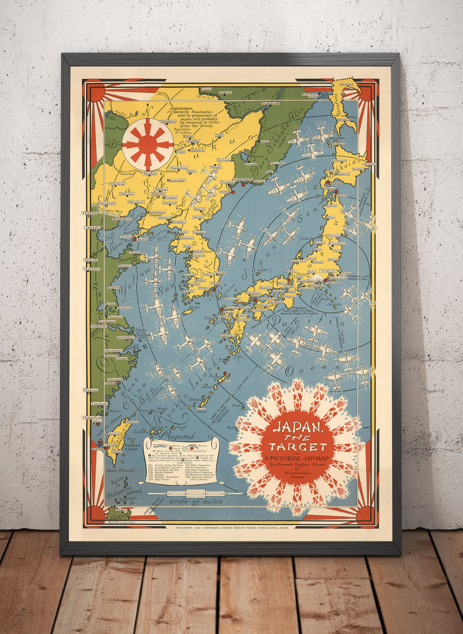 Mapa pictórico de la Segunda Guerra Mundial "Japón el objetivo", 1942 por Ernest Dudley Chase - Gráfico de bombardeo antiguo de la WW2 ilustrado - China, Japón, Corea 