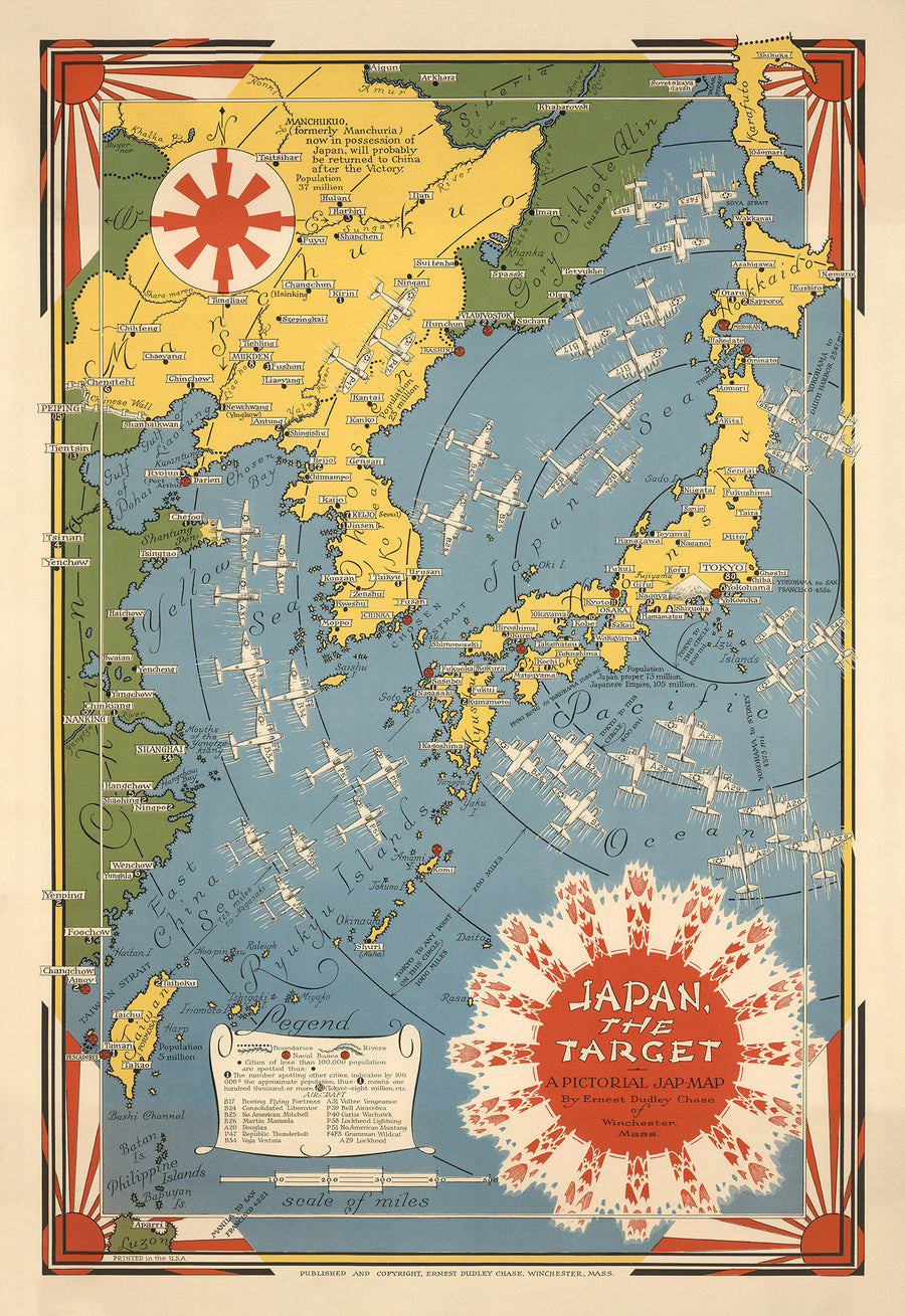 Mapa pictórico de la Segunda Guerra Mundial "Japón el objetivo", 1942 por Ernest Dudley Chase - Gráfico de bombardeo antiguo de la WW2 ilustrado - China, Japón, Corea 