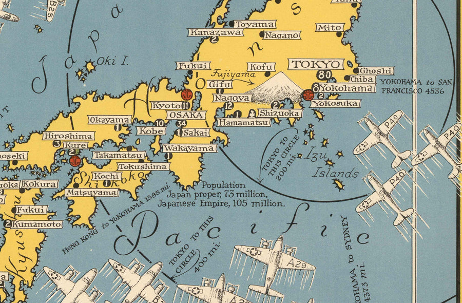 Mapa pictórico de la Segunda Guerra Mundial "Japón el objetivo", 1942 por Ernest Dudley Chase - Gráfico de bombardeo antiguo de la WW2 ilustrado - China, Japón, Corea 