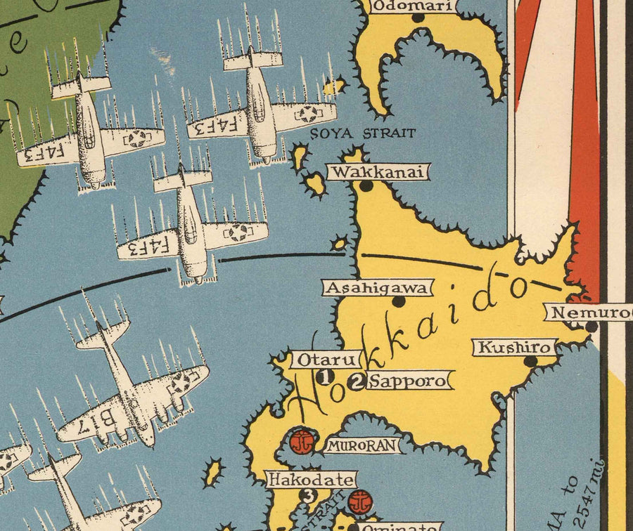 Mapa pictórico de la Segunda Guerra Mundial "Japón el objetivo", 1942 por Ernest Dudley Chase - Gráfico de bombardeo antiguo de la WW2 ilustrado - China, Japón, Corea 
