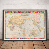 Antiguo mapa japonés del mundo, 1910 - Atlas grande y raro - Japón, vías de navegación, corrientes, marina mercante, ferrocarriles