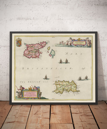 Ancienne carte de Jersey et Guernesey, 1665 par BLAEU - Anglais Channel Isles, Baysficks et Dépendances de la Couronne, St Helier, Saint Peter Port