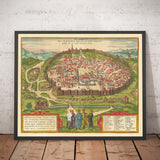 Old Map of Jerusalem, 1582 by Georg Braun - Jewish & Islam Old City, Temple Mount, City Walls, Tower of David, Jaffa Gate